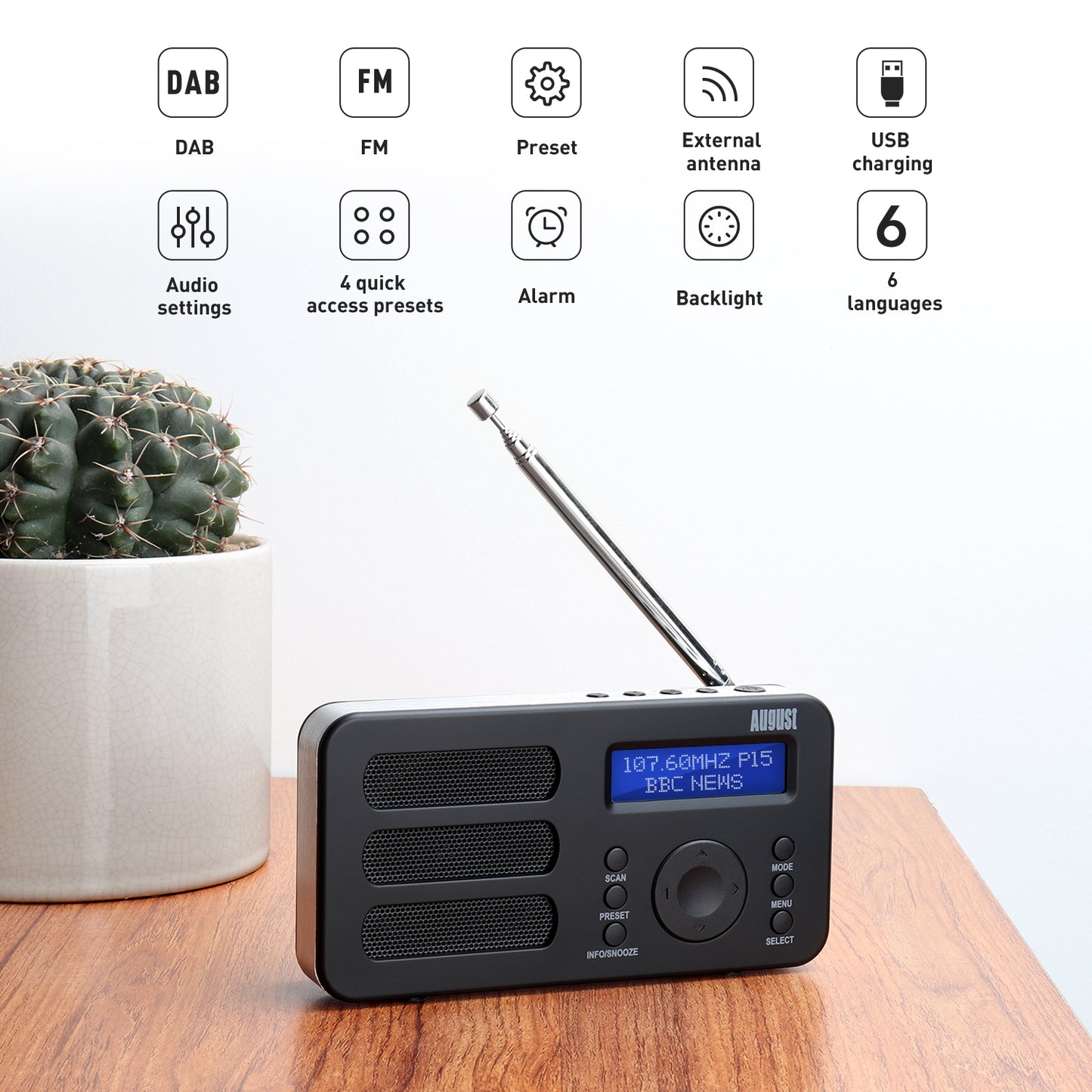 Tragbarers Radio DAB+ FM miniradio Uhr Wiederaufladbar AUX - August MB225