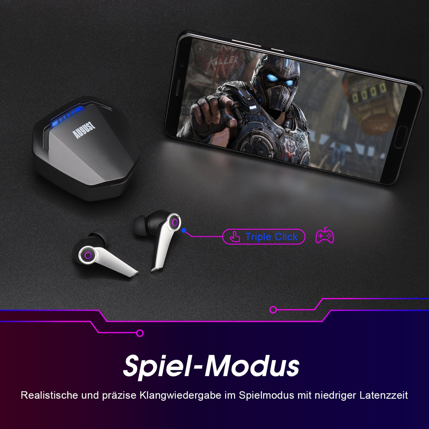 Gaming Ohrhörer Bluetooth 5.0 True Wireless - August EPG500B - Duales Mikrofon, Low Latency, IPX4-Wasserbeständigkeit, 40 Stunden Akkulaufzeit - Daffodil Germany GmbH