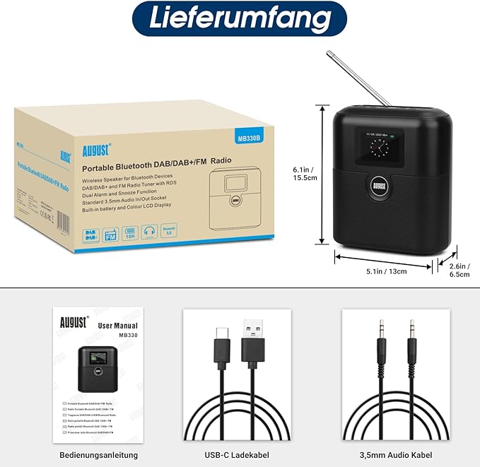 Tragbarer Akku DAB FM Radio Bluetooth Lautsprecher LCD Bildschirm - August MB330