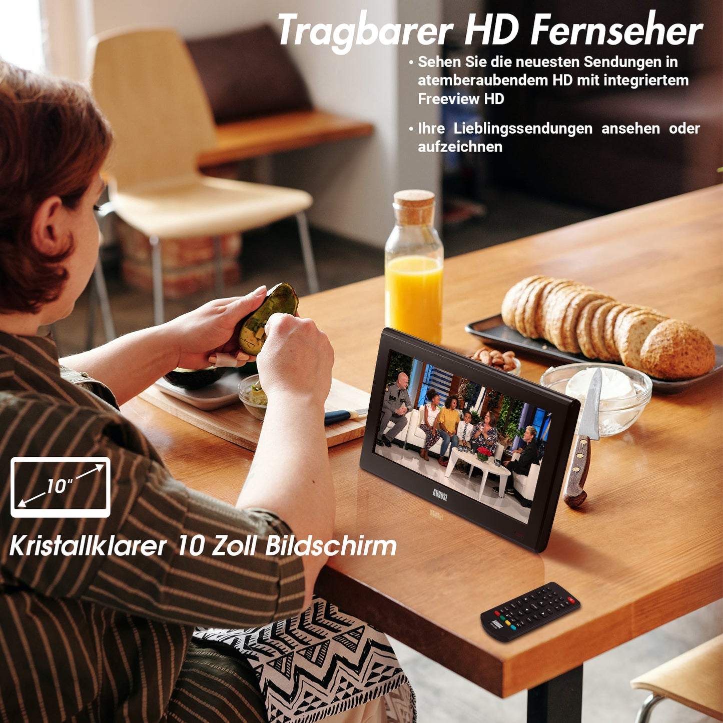 Tragbarer 10" Fernseher für die Reise mit Tasche und 12/24V Adapter für Fahrzeuge - August DA100D