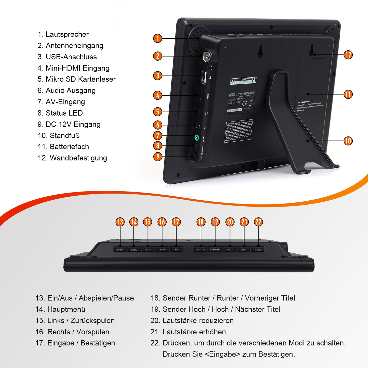 Tragbarer 10" DVB-T2 Fernseher HD HDMI USB MPEG4 H.265 - August DA100D