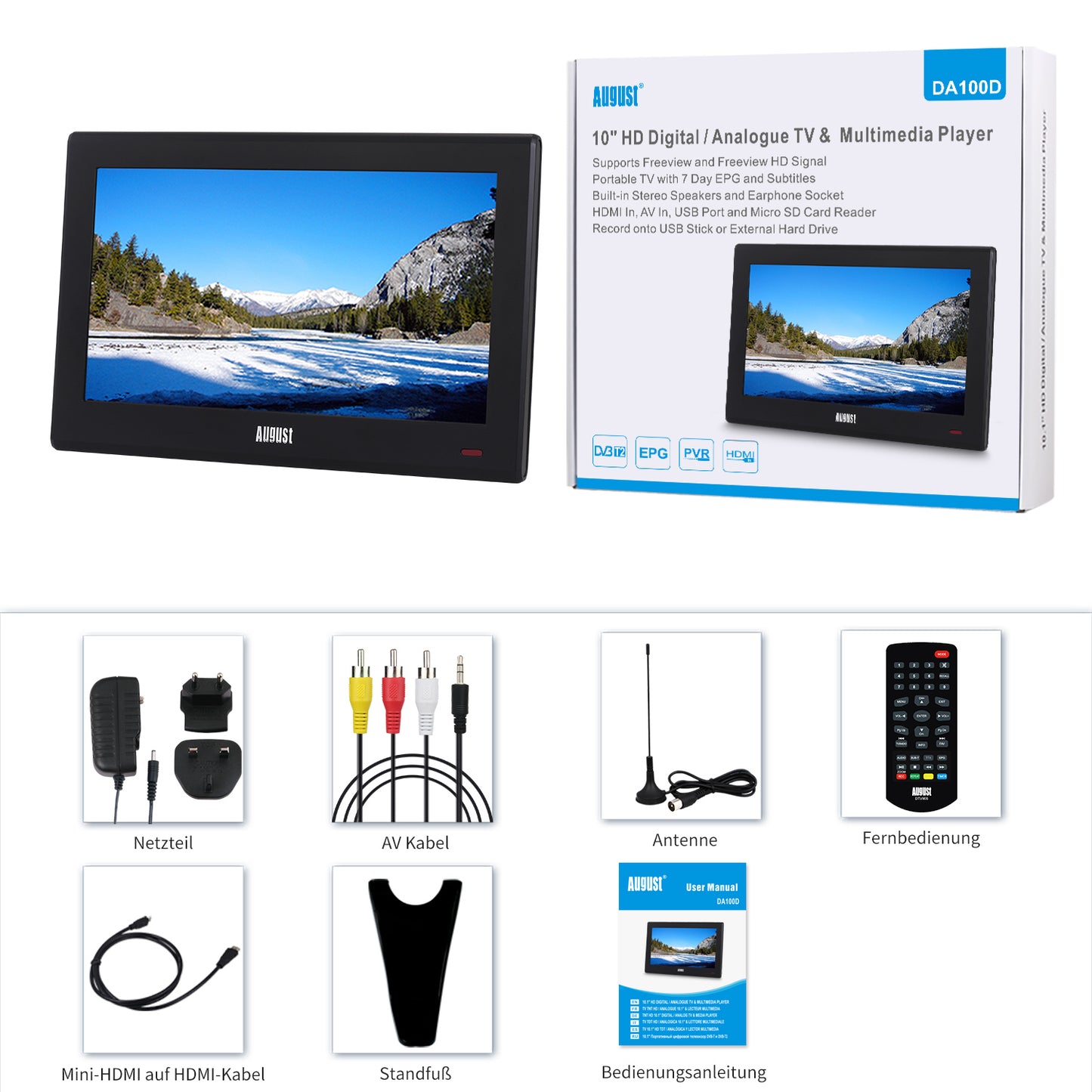 [B-Ware] Tragbarer 10" DVB-T2 Fernseher HD HDMI USB MPEG4 H.265 - August DA100D