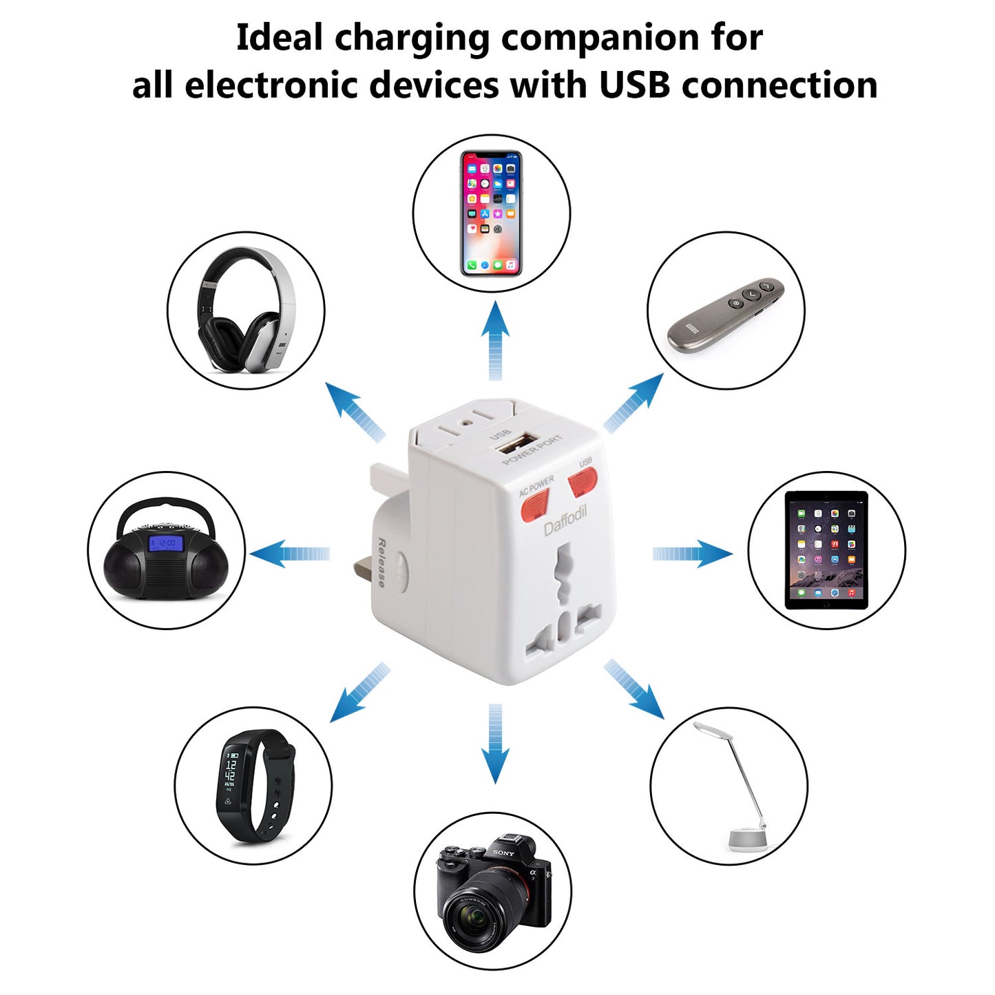 Weltreise Stromadapter Reiseadapter USB Anschluss UK EU AU US Universalstecker Daffodil WAP150