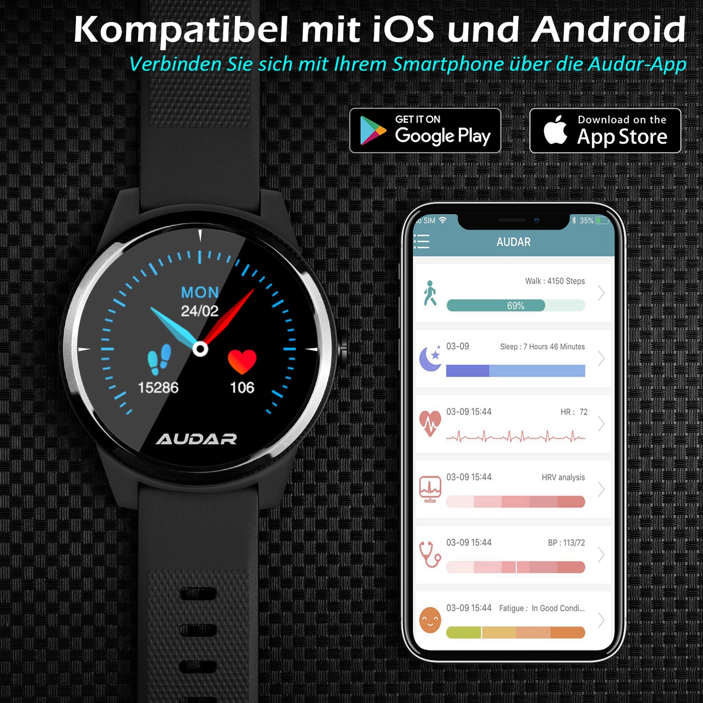 Smart Fitness Gesundheitsmonitor-Uhr EKG, Blutdruck & Herzfrequenz, 10 Tage Akku – Audar E1