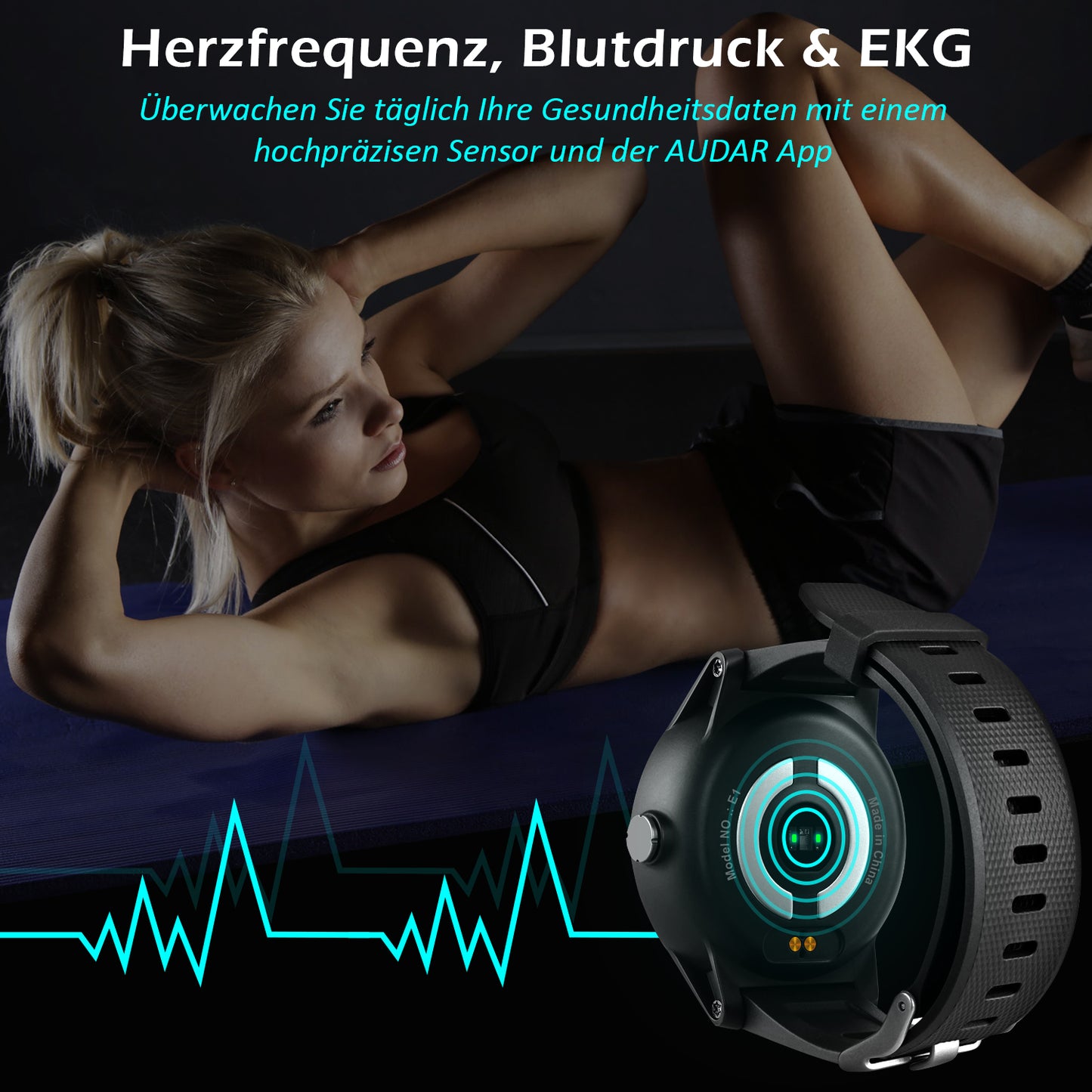 Smart Fitness Gesundheitsmonitor-Uhr EKG, Blutdruck & Herzfrequenz, 10 Tage Akku – Audar E1