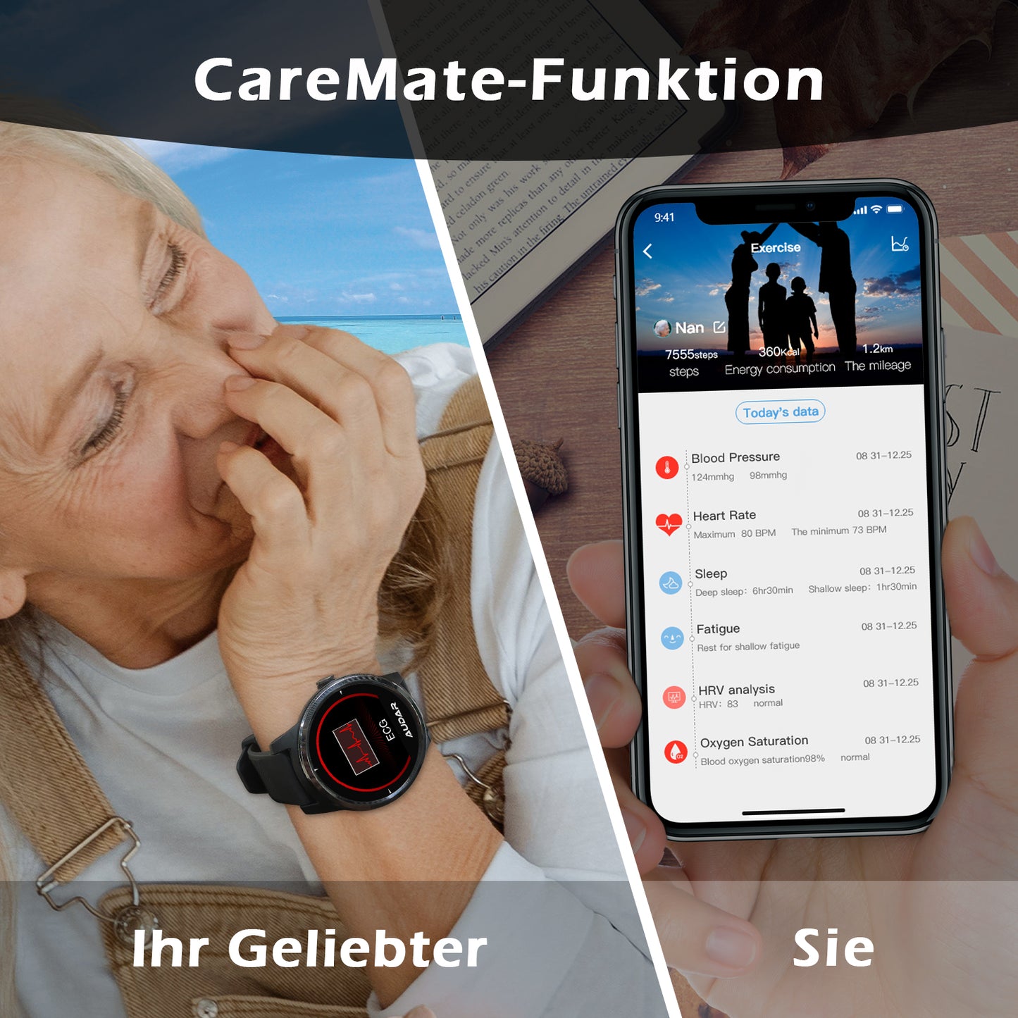 Smart Fitness Gesundheitsmonitor-Uhr EKG, Blutdruck & Herzfrequenz, 10 Tage Akku – Audar E1