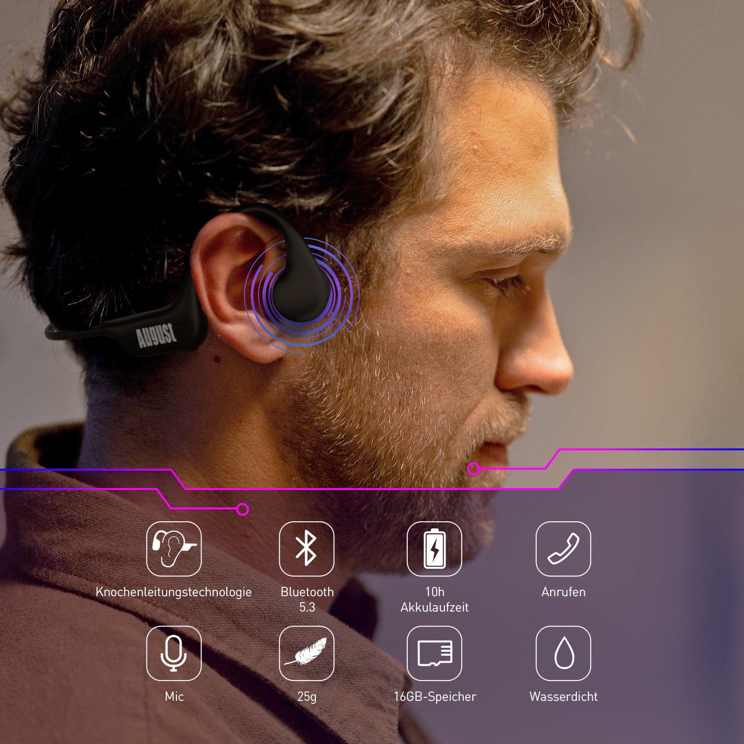 Open-Ear Knochenleitung Kopfhörer Bluetooth 16GB MP3-Spieler - August EP400