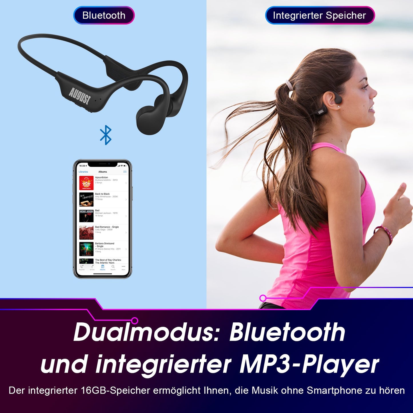 [B-Ware] Open-Ear Knochenleitung Kopfhörer Bluetooth 16GB MP3-Spieler - August EP400