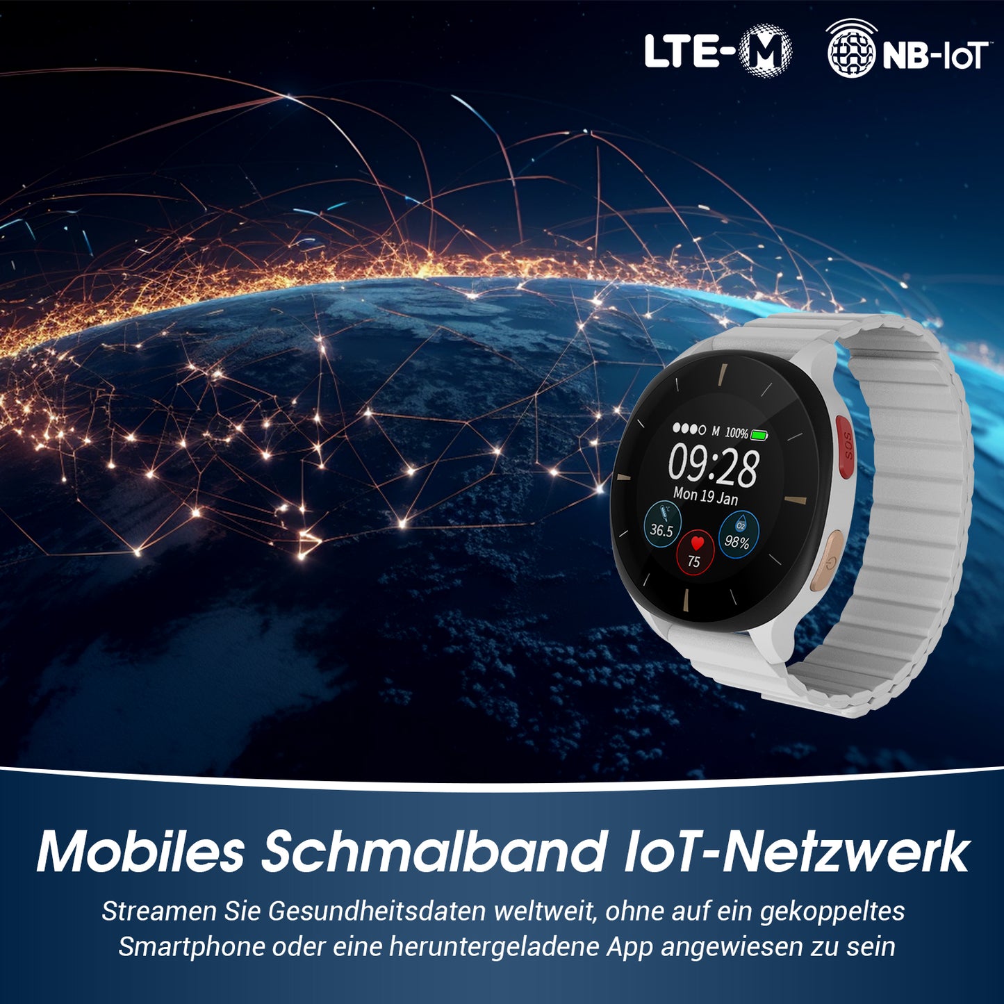 Gesundheitsmonitor Uhr 24/7 Lebenszeichen-Tracker mit Sturzerkennung & SOS-Auslöser - Audar E2