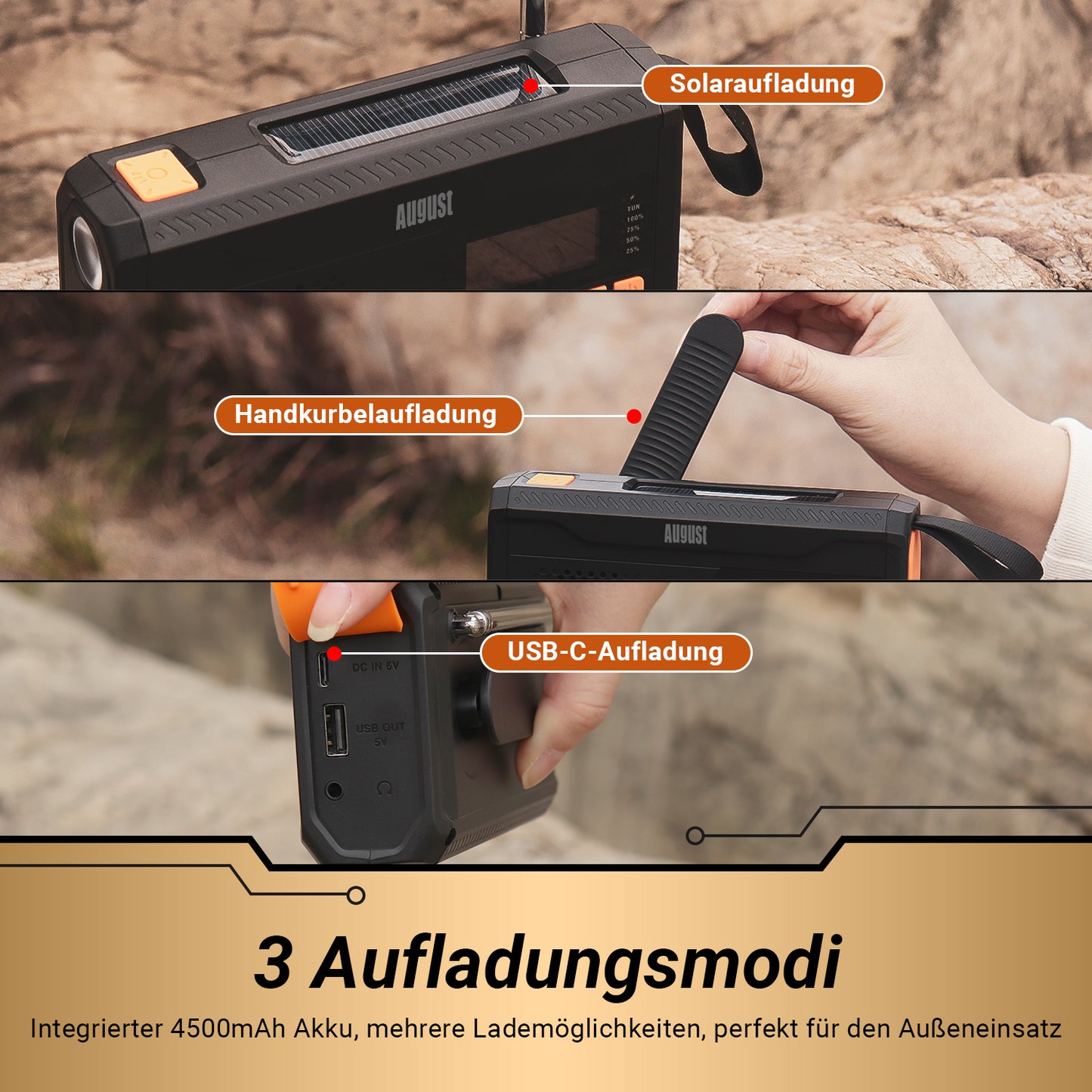 Handkurbel DAB+ FM Radio Solar Wiederaufladbare Powerbank Bluetooth - August MB290