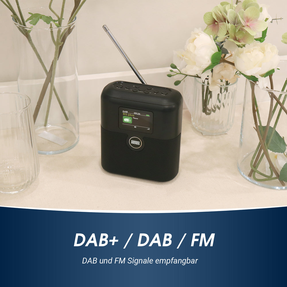 DAB FM Tragbares, wiederaufladbares Digitalradio mit Bluetooth-Lautsprecher und Doppelwecker August MB330B