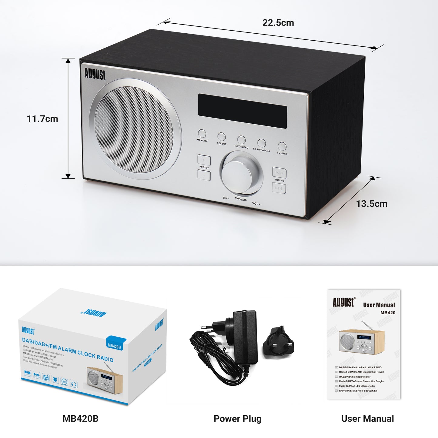 [B-Ware] Radiowecker DAB+ FM UKW Bluetooth Netzbetrieb Lautsprecher USB - August MB420