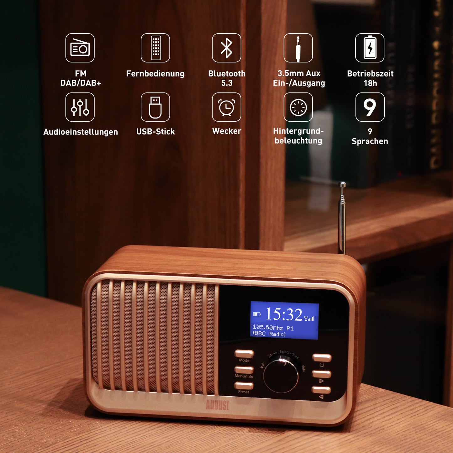 [B-Ware] Retro Wiederaufladbare DAB UKW Radio Bluetooth USB Fernbedienung - August MB450