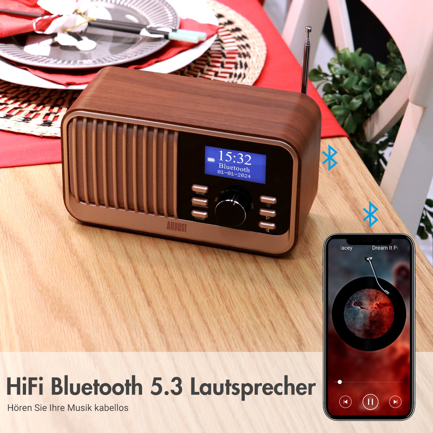 Retro Wiederaufladbare DAB UKW Radio Bluetooth USB Fernbedienung - August MB450