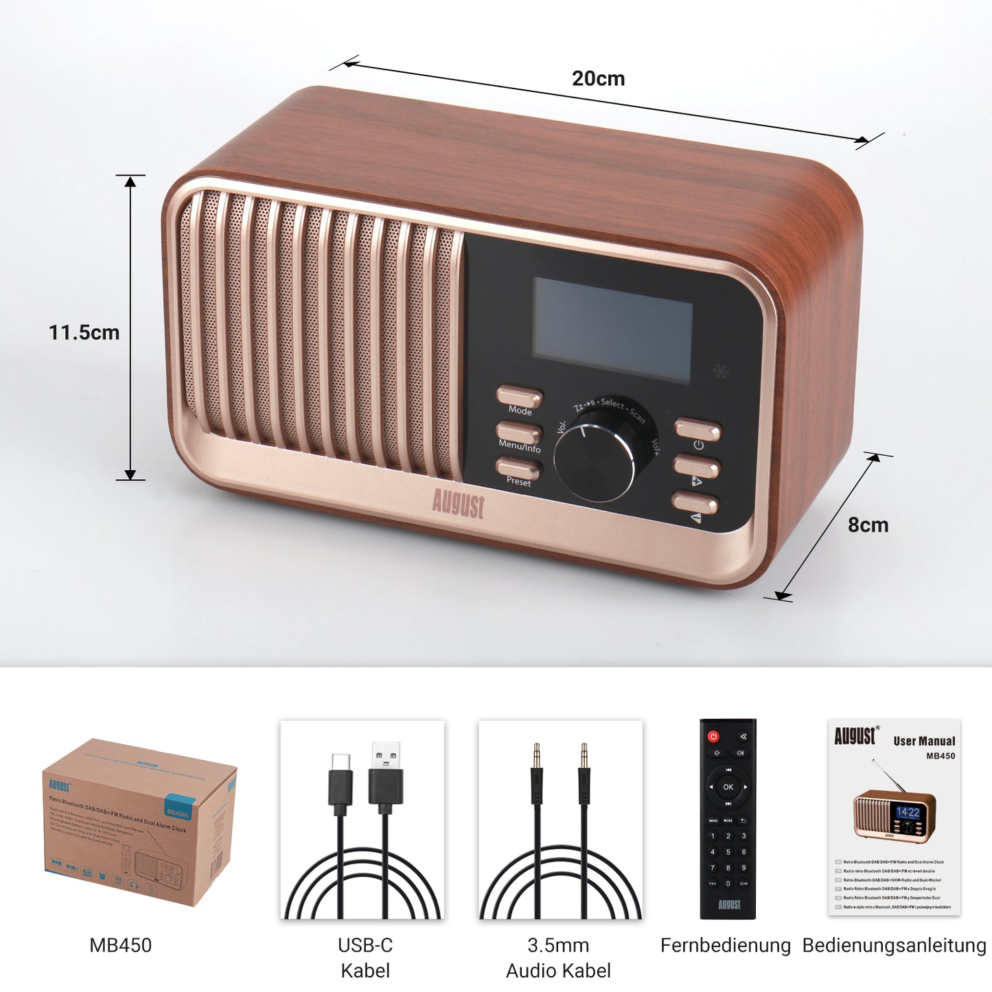 [B-Ware] Retro Wiederaufladbare DAB UKW Radio Bluetooth USB Fernbedienung - August MB450