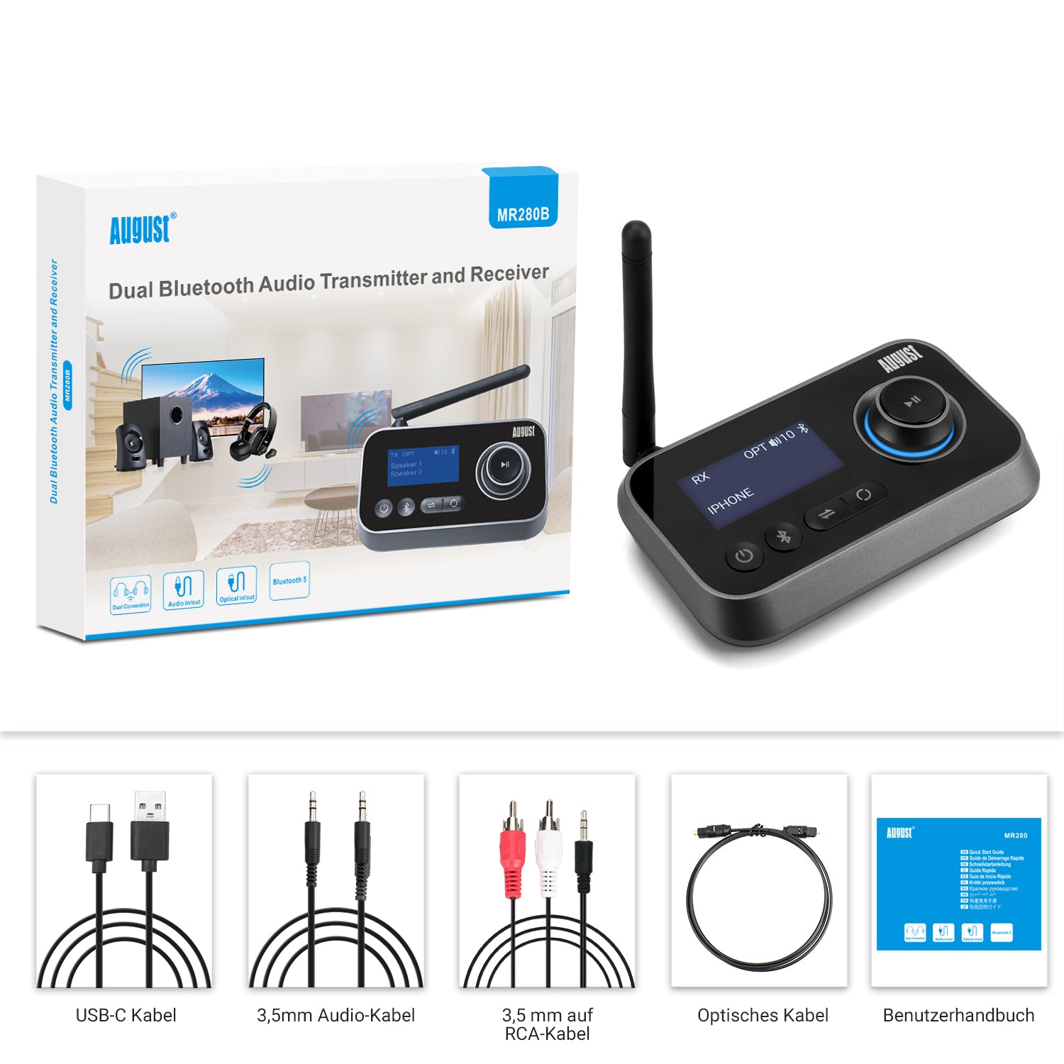 Multipoint Bluetooth 5,3 Audio Sender Empfänger 3,5mm AUX 2 RCA