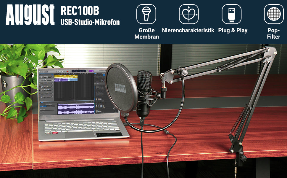 Professionelles USB-Gaming-Studio-Kondensatormikrofon-Bundle – August REC100B