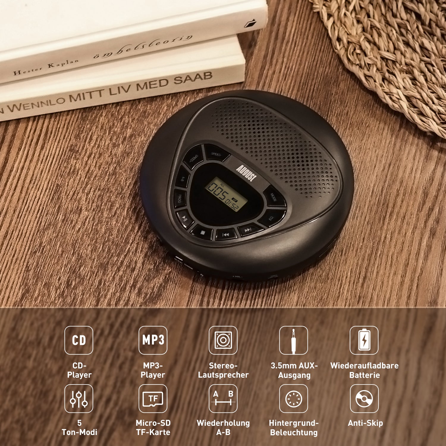 Tragbarer, wiederaufladbarer MP3-Player mit integrierten Lautsprechern und AUX-Anschluss – August SE10