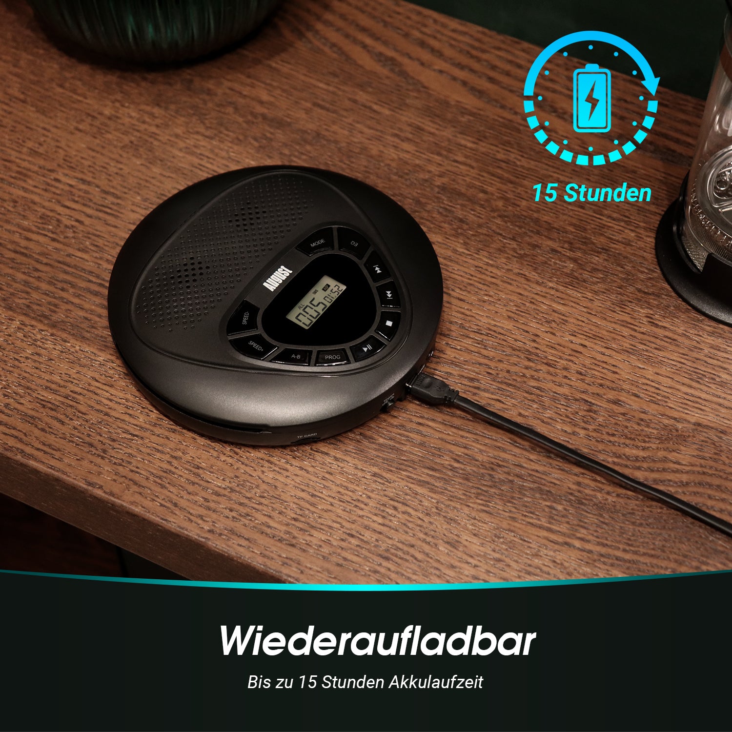 Tragbarer, wiederaufladbarer MP3-Player mit integrierten Lautsprechern und AUX-Anschluss – August SE10