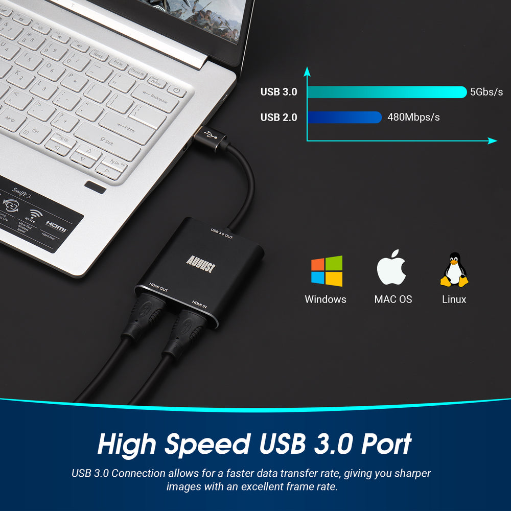Externe USB Video Game Console Capture Karte mit HDMI Passthrough Lag Free OBS - August VGB500
