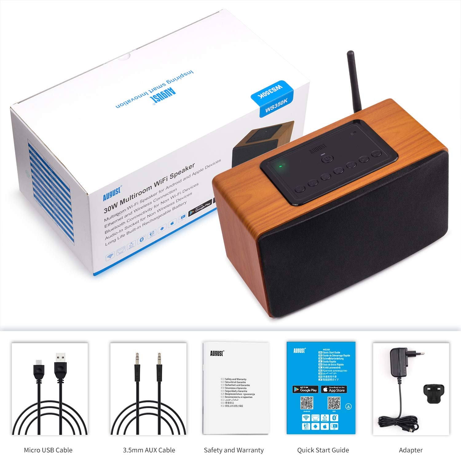 August WS350 Enceinte Multiroom Wifi et Bluetooth sans fil - Bois