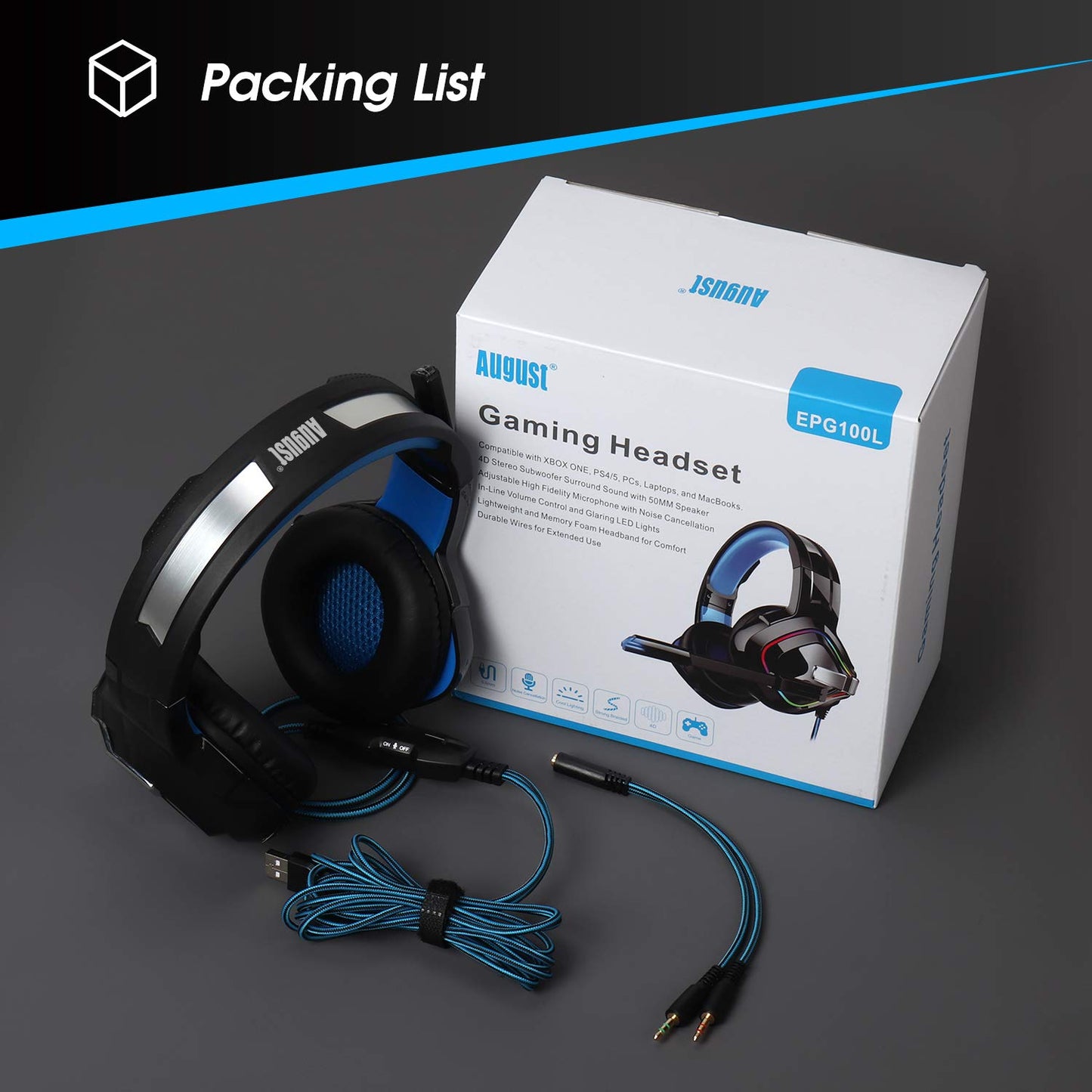 August EPG100L - 3,5mm RGB-LED Gaming Headset mit Fernbedienung für PC PS4/5 Xbox/Xbox One - Daffodil Germany GmbH