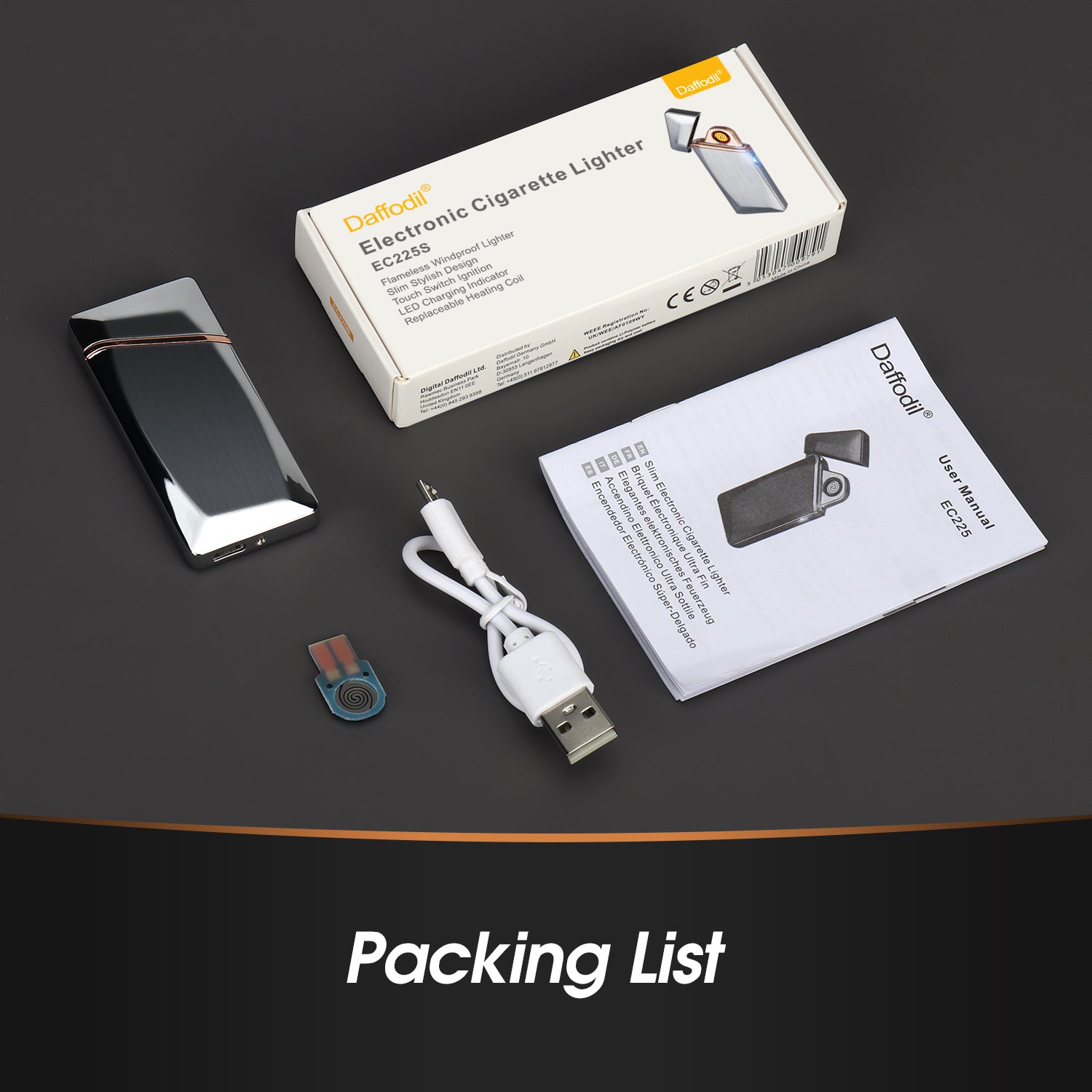 Daffodil EC225 USB-Feuerzeug, winddichtes Feuerzeug mit elektrischer Touch-Steuerung, aufladbar über USB, geeignet für Zigaretten, Kerzen oder Outdoor-Aktivitäten usw., Geschenke für Freunde und Familie - Daffodil Germany GmbH