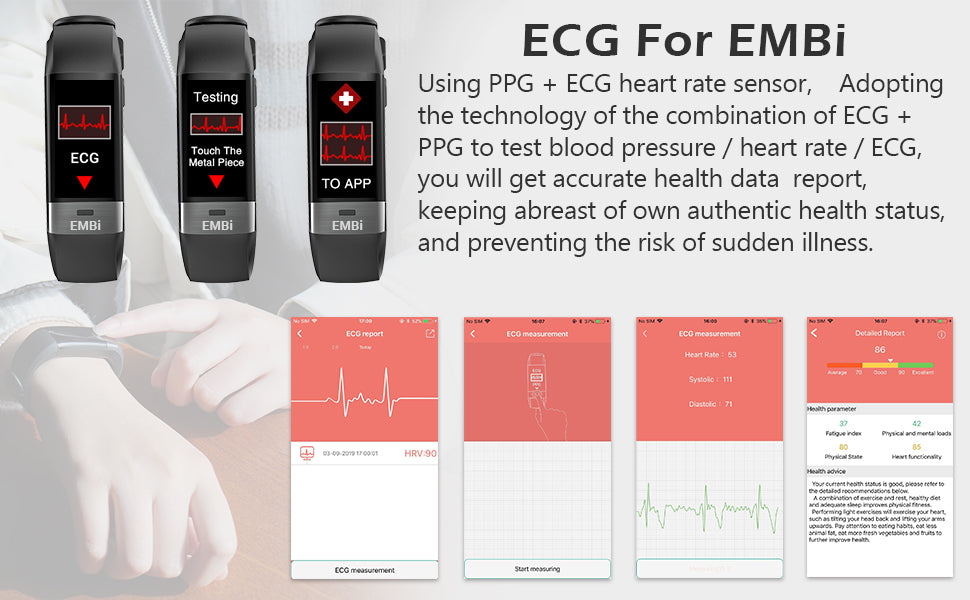 Intelligente Fitness-Tracker-Armbanduhr mit EKG, Blutdruck, Herzfrequenz und Schlafüberwachung - Audar EMBi