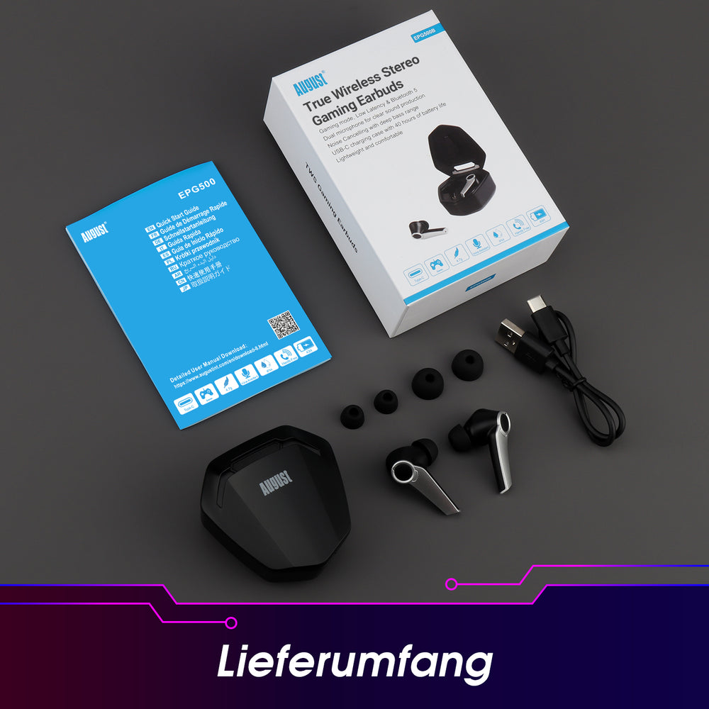 Gaming Ohrhörer Bluetooth 5.0 True Wireless - August EPG500B - Duales Mikrofon, Low Latency, IPX4-Wasserbeständigkeit, 40 Stunden Akkulaufzeit - Daffodil Germany GmbH